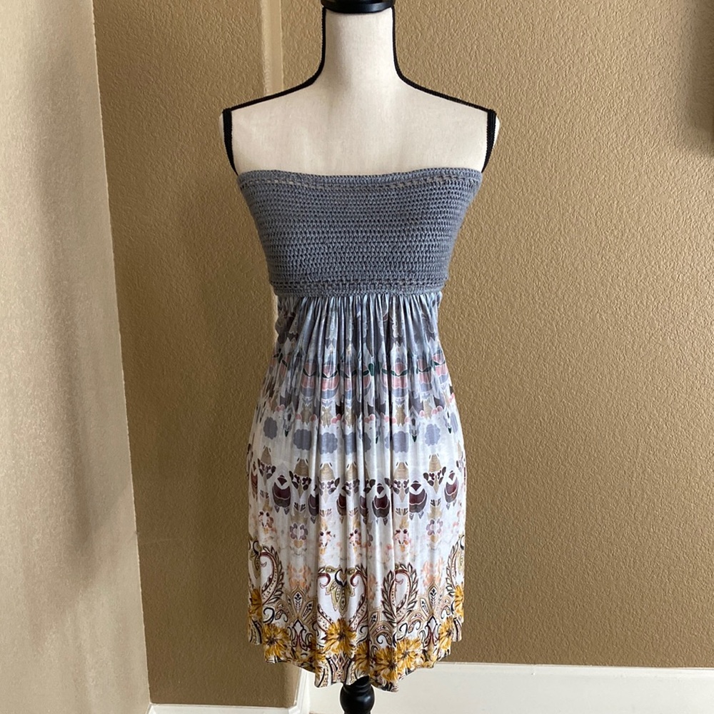 Sky Strapless Smocked Bodice Floral Print Dress in Gray, Yellow, White